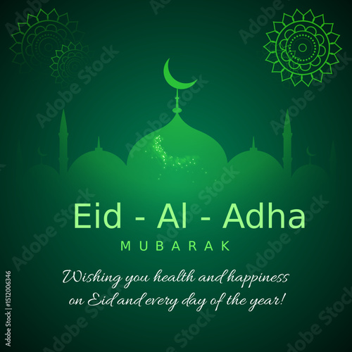 A serene Eid al Adha Mubarak greeting with a shimmering mosque silhouette expressing peace and hope