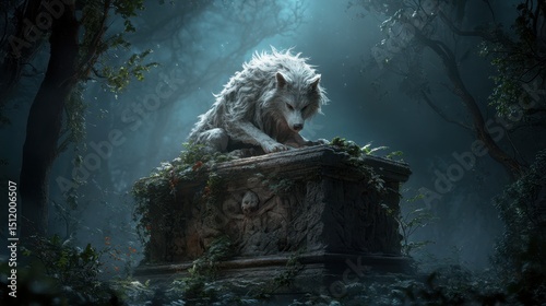 A mystical white wolf stands atop an ancient stone tomb in a moonlit, enchanted forest.