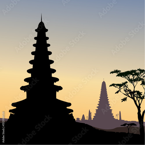 Ancient Temples at Sunset, Scenic Landscape, Illustration, Tranquil Ambiance, Artistic Viewpoint