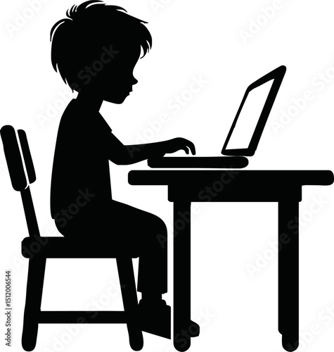 Silhouette of child sitting at desk with laptop – online class vector isolated on a white background