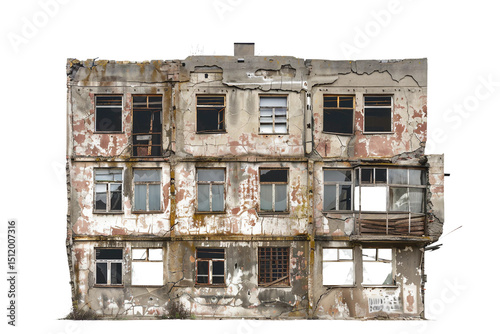 Old derelict building with cracked walls and peeling paint isolated on transparent background