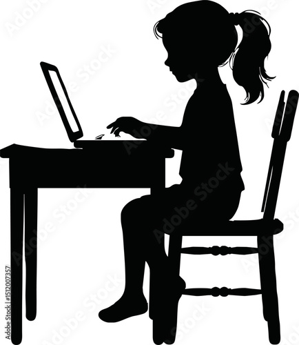Silhouette of child sitting at desk with laptop – online class vector isolated on a white background