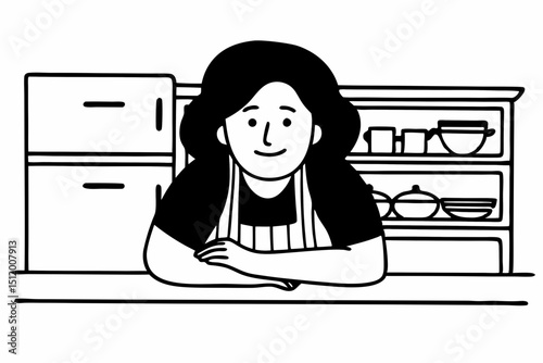 Cute mature housewife leans on kitchen countertop