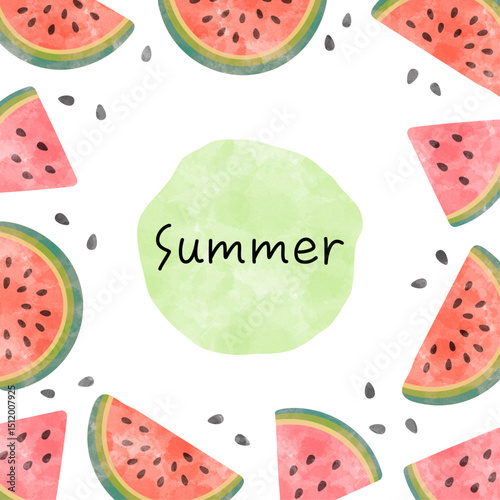Summer frame-5　スイカ柄の可愛いフレーム。夏っぽい水彩で描いたフルーツの背景。ウォーターカラーの装飾。