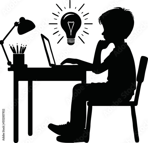 Silhouette of child sitting at desk with laptop – online class vector isolated on a white background