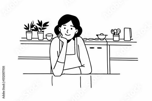 Cute mature housewife leans on kitchen countertop