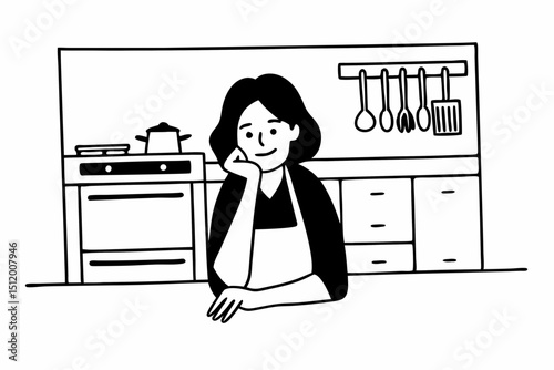 Cute mature housewife leans on kitchen countertop