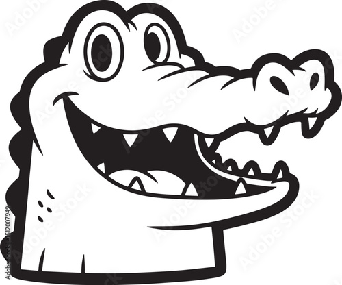 Cartoon Alligator Head with Big Smile and Sharp Teeth in Black White