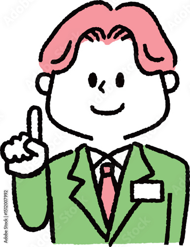 指差しをしているスーツの男性