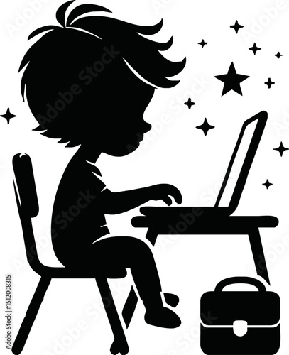 Silhouette of child sitting at desk with laptop – online class vector isolated on a white background