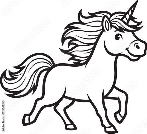Cartoon Unicorn Prancing with Flowing Mane and Tail Black and White Outline