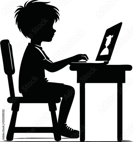 Silhouette of child sitting at desk with laptop – online class vector isolated on a white background