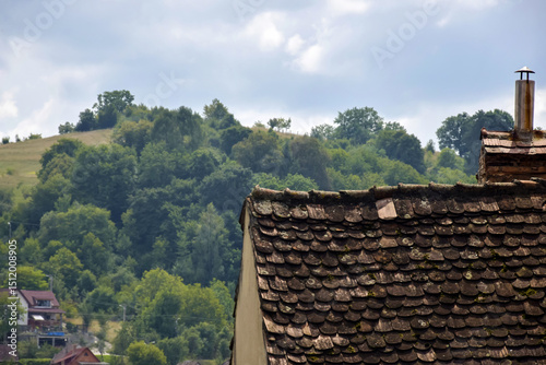 Picturesque view of attic roof of house made of red tiles with chimney. Copy space. Selective focus.
