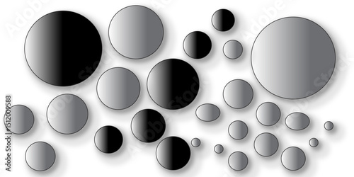 An abstract background showcasing a dynamic composition of various sized circles with metallic gradients ranging from black to gray. These circles are randomly scattered and overlap, 