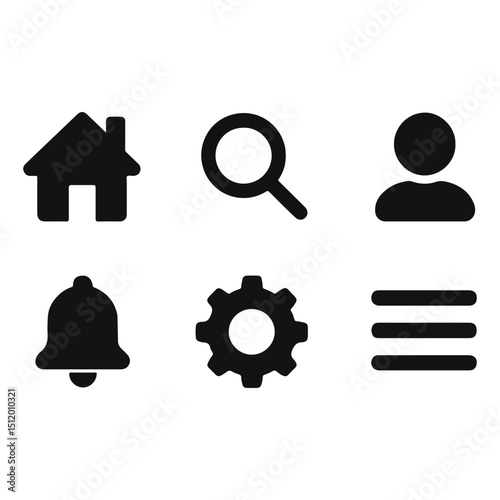 Home, Search, User, Settings, Notifications, Menu – Vector fill Icon Set on White Background