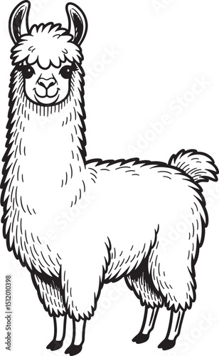 Illustration of a fluffy llama with a cute smile and friendly eyes