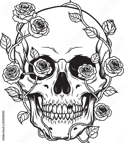 Intricate Skull Engulfed by Roses and Vines in a Detailed Illustration