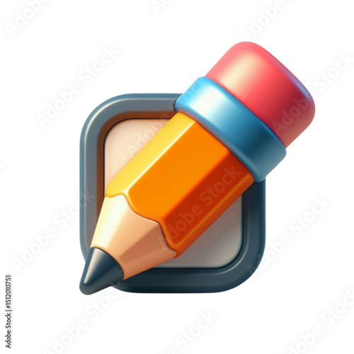 3D Render of a Pencil Icon on a Square App Icon, Colorful Design Element