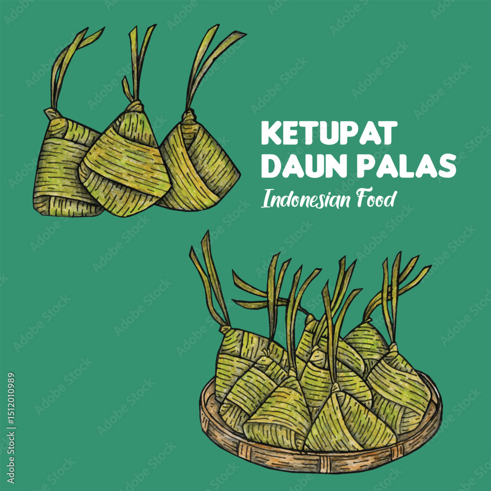 Adobe Illustrator Artwork Hand drawn vector Ketupat Daun Palas Indonesian Food illustration design