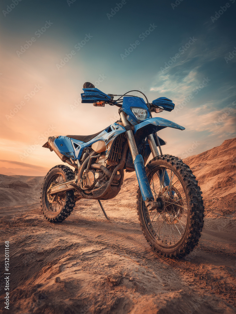 Naklejka premium Blue enduro motorbike on sandy hills under scenic sky