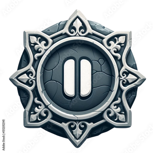 Stone Emblem Pause Button in Ornate Frame - Medieval Style Graphic Design