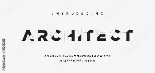  Architectural project font, technical draw style alphabet. Geometrical typography. Wireframe letters, typographic design with draft strokes for architecture logo and headline. Isolated vector typeset