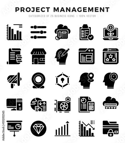 Project Management Glyph icons collection. 25 icon set. Vector illustration.