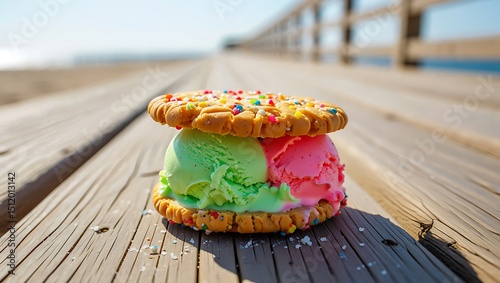 Colorful Ice Cream Sandwich on Beach Boardwalk