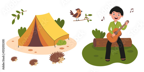 A boy plays guitar joyfully near a bright tent, surrounded by little hedgehogs and a bird. The setting is lively with greenery and a playful atmosphere. Flat style vector illustration.