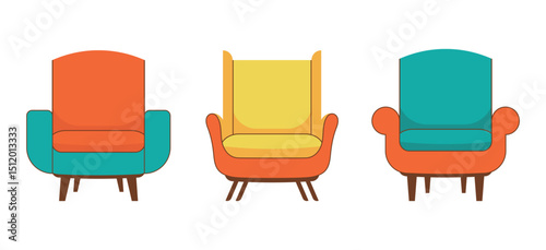 Set of vintage armchairs. Three chairs in retro style. Isolated vector illustration.