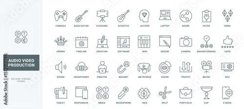 Services of project organization for creator, editor tools thin black outline symbols vector illustration. Video and audio production, content creation to share on social media line icons set.