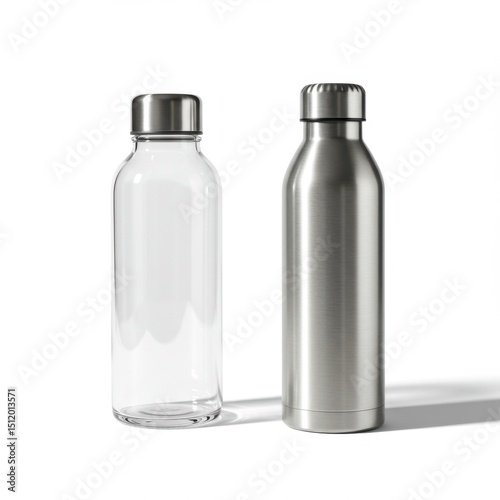 Glass and stainless steel water bottles on a white background   photo