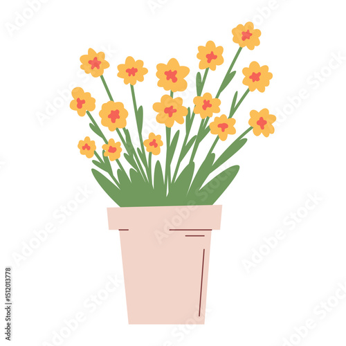Vibrant potted yellow flowers with green leaves. Simple, cute, and modern flat vector design.Hand drawn illustration, perfect for spring, home decor, sticker or cheerful botanical themes.