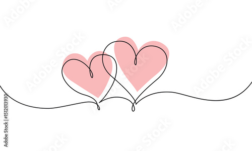 Two hearts continuous one line vector drawing. Hand drawn sketch on a white background
