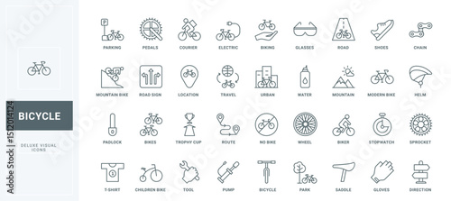 Electric and mountain bike, active leisure, road signs thin black outline symbols vector illustration. Bike parking and race, cyclist accessories and tools, city transport line icons set.