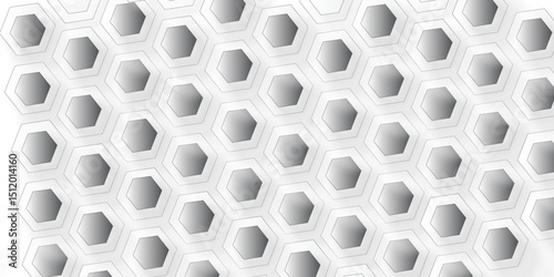  A textured white background featuring a closely packed, slightly overlapping grid of light gray hexagons with subtle darker gray inner outlines and soft drop shadows, creating a three-dimensional 