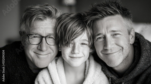 Three generations bonding in warm indoor Father’s Day setting