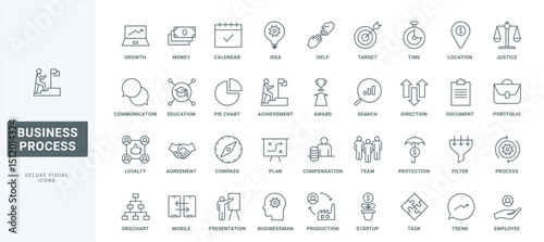 Data system, project and document management, awards for success thin black and red outline symbols, vector illustration. Business process, workflow organization and leadership line icons set