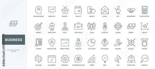 Outline symbols of money protection and accounting, monitoring and analysis of global trend by chart, agreement and communication. Business thin black and red line icons set vector illustration