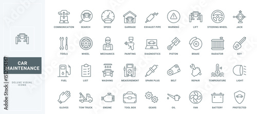 Outline symbols of vehicle garage checkup, test list and diagnostics of tires, wheels and engine, gas station. Car repair and maintenance service thin black and red line icons set vector illustration.