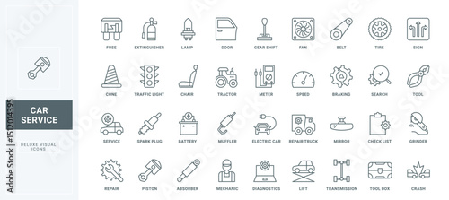 Automotive tire and wheel, brake and fan fix, electric car battery thin black outline symbols vector illustration. Car maintenance and repair service, mechanic tools, equipment line icons set.