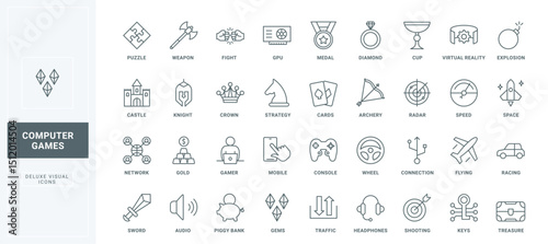Video games and console, professional esport tournament in fight, shooting, or car race thin black outline symbols vector illustration. Online games for mobile phone and PC line icons set.