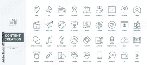 Outline creative symbols of authors ideas to produce and share online articles, video films. Software and services for blogging, content creation thin black and red line icons set vector illustration