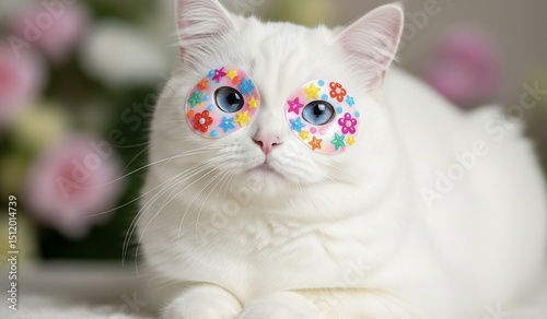 A close-up of a fluffy white cat with vibrant green eyes wearing adorable pink under-eye patches, symbolizing pet pampering, beauty routines, self-care, and the whimsical side of animal well-being.