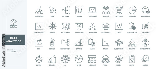 Search and combine information thin black outline symbols vector illustration. Data analysis and research, financial analytics and stock market trend monitoring by analysts team line icons set.