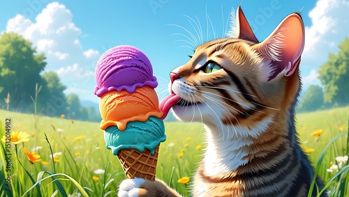 Cat with Colorful Ice Cream in Sunny Meadow