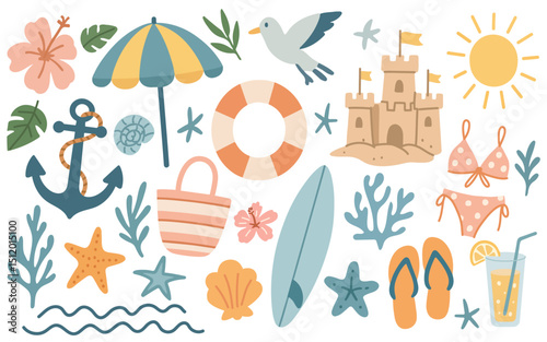 Set of summer illustrations on the marine theme. Beach sticker set. Seagull, anchor, shells, sand castle, swimsuit, cocktail, surfboard. Modern vector illustration in flat hand-drawn style