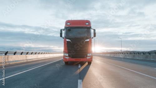 Red Cargo Truck Driving on Wet Highway at Sunrise – Freight Transport Concept