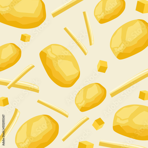 Peeled potato seamless pattern with various cut. Vegetable illustration