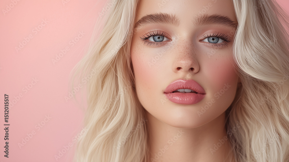 Close-up of a young blonde woman with freckles, pink makeup, and glossy lips on a pink background. Close-up of a young blonde woman with freckles, pink makeup, and glossy lips on a pink background.